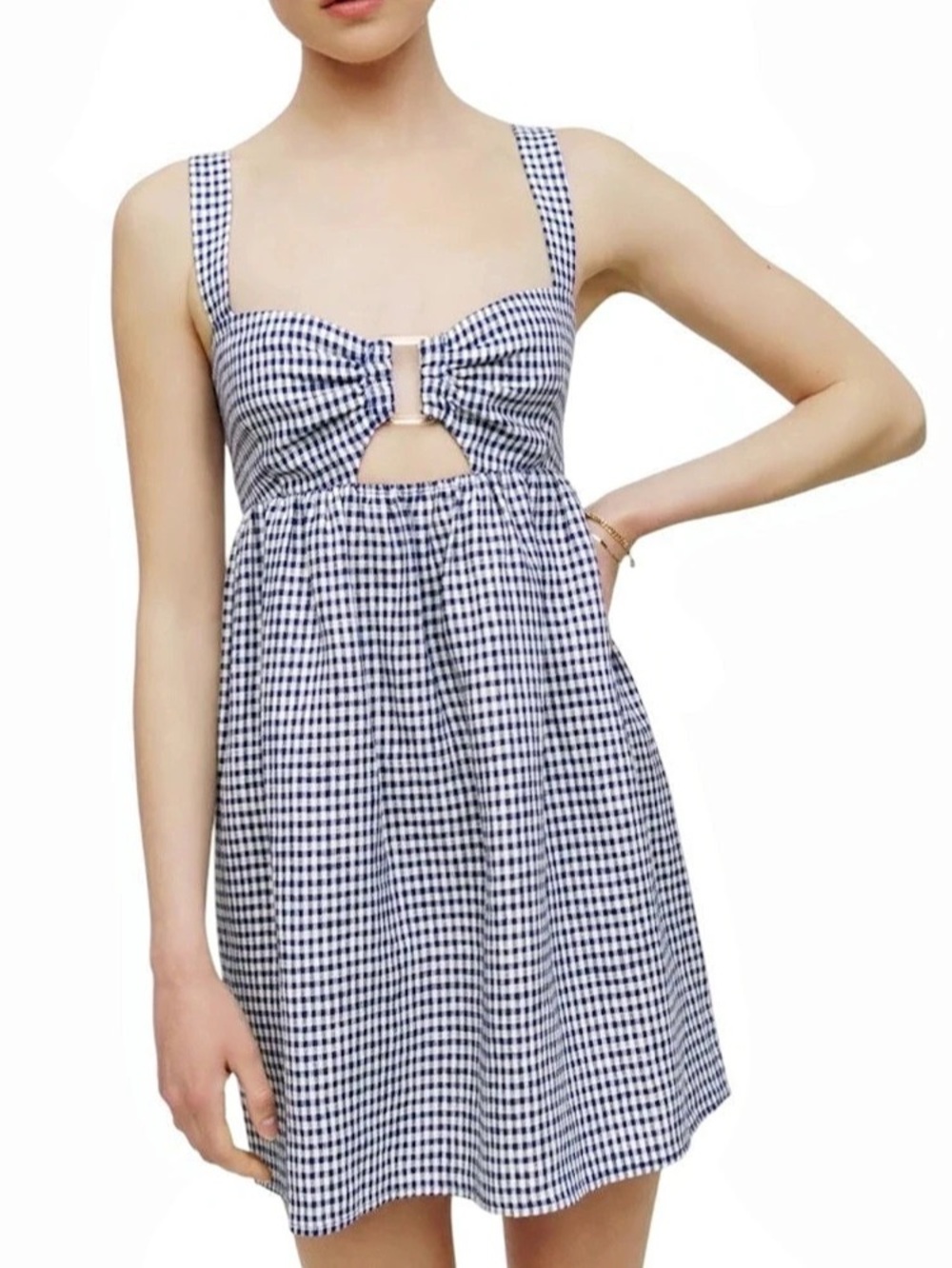 Reformation Noel Linen Dress Checkered Mini Dress in Blue & White Size 8 NWT